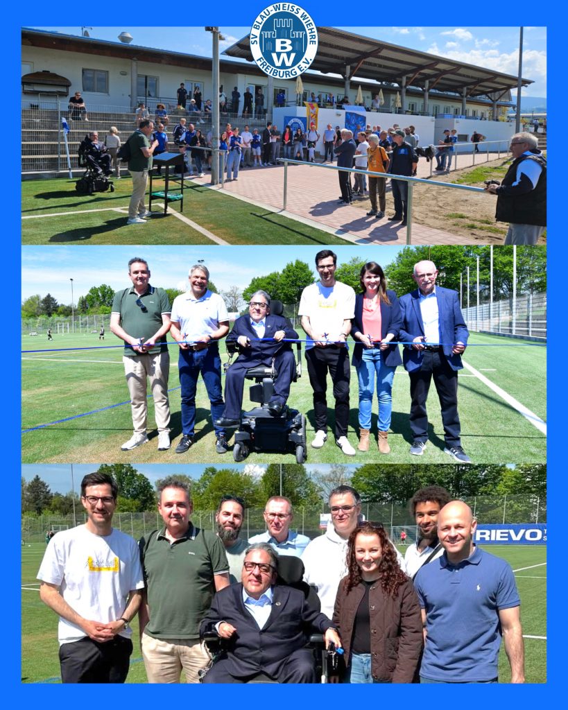 Nach monatelanger Bauzeit wurde der neue Kunstrasen bei blau-weißem Himmel und Sonnenschein eröffnet.